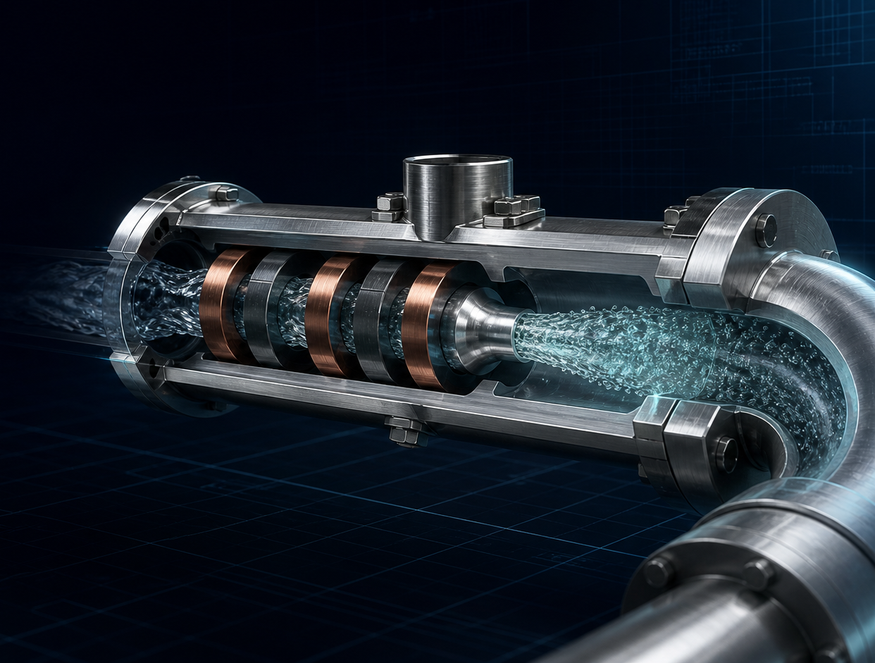 Cutaway of the Z‑Core inline module. Water crosses copper and iron sinter blocks and then a venturi.